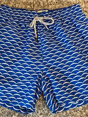 Vintage Blue Wave Print Swim Trunks with White Drawstring
